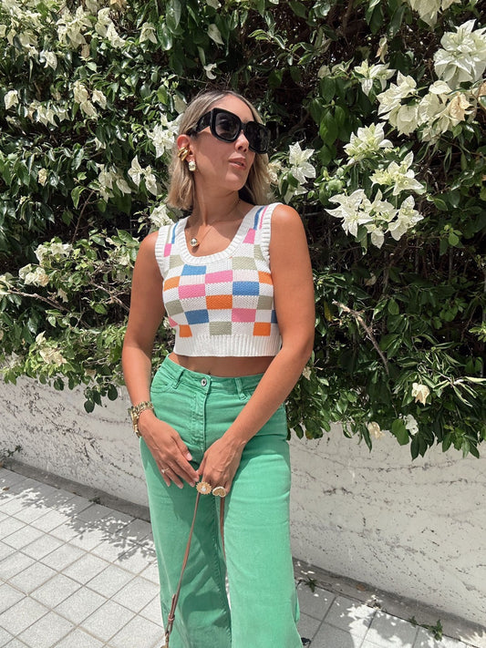 Multi-color Checkered Knit Sleeveless Crop Top