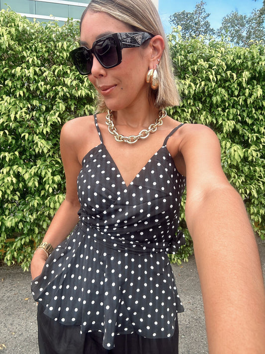 Polka Dot Spaghetti Strap Front Tie Top