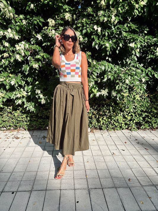 Olive Belted Pleated Maxi Skirt