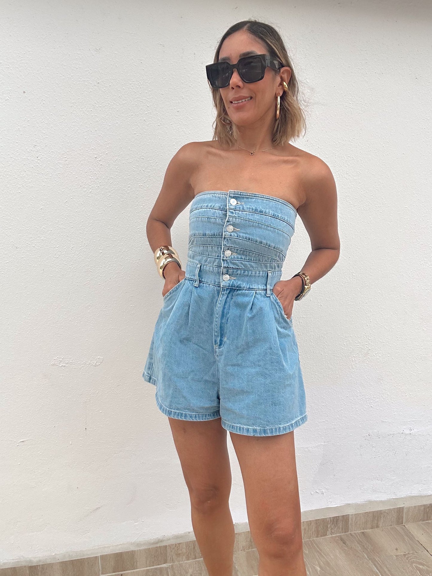 Hope Button-Front Denim Romper