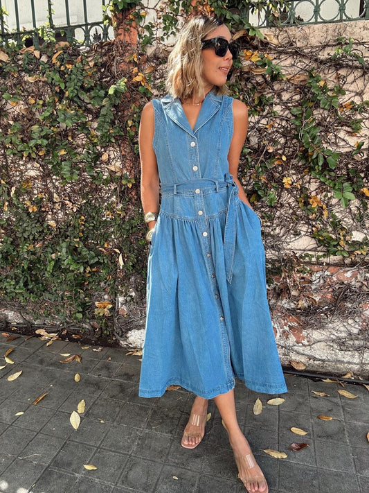 Harper Collared Button-Down Denim Midi Dress